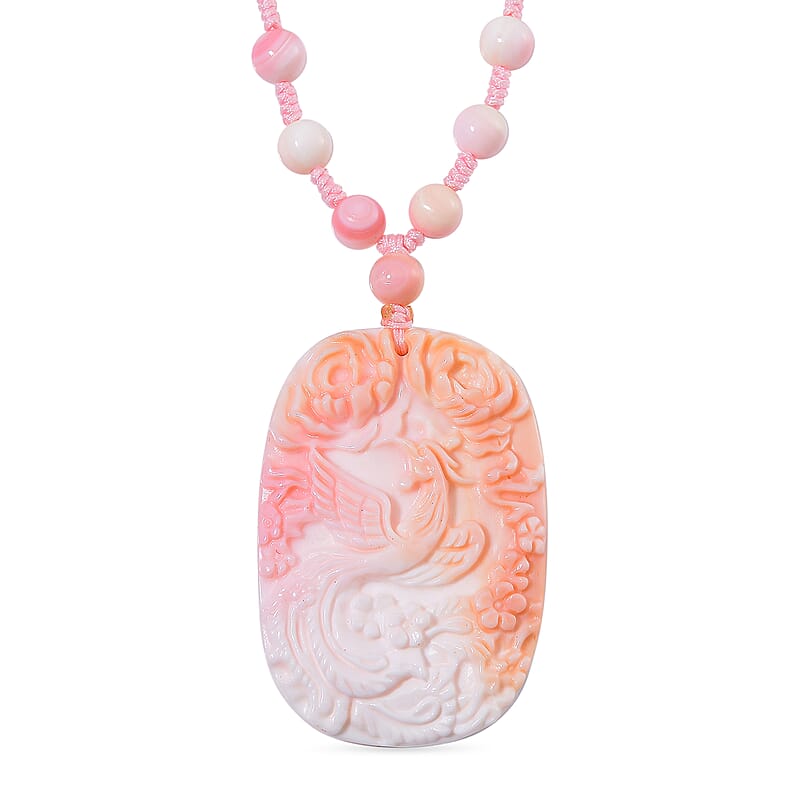 Pink Conch Shell 185.00 ctw Carved Phoenix Pendant with Beaded Knotted Necklace in Yellow Gold Over Sterling Silver 18-20 Inches
