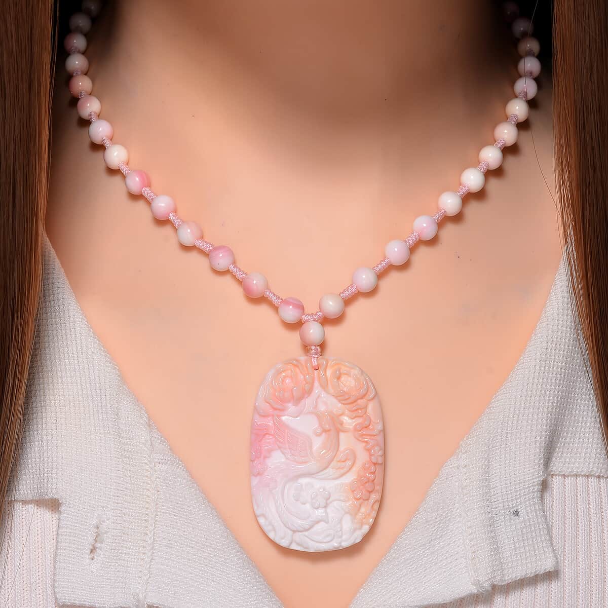 Pink Conch Shell Carved Phoenix Pendant with Beaded Knotted Necklace (18-20 Inches) in YG Over Sterling Silver 185.00 ctw image number 1