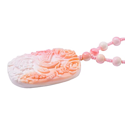 Pink Conch Shell 185.00 ctw Carved Phoenix Pendant with Beaded Knotted Necklace in Yellow Gold Over Sterling Silver 18-20 Inches
