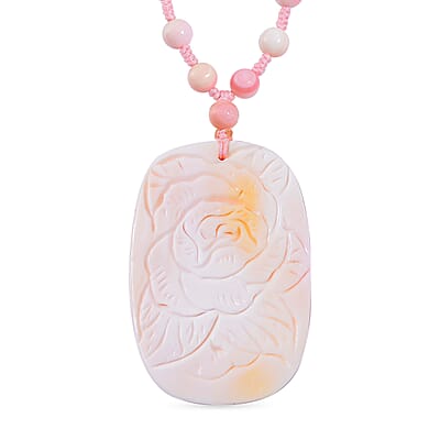 Pink Conch Shell 185.00 ctw Carved Phoenix Pendant with Beaded Knotted Necklace in Yellow Gold Over Sterling Silver 18-20 Inches