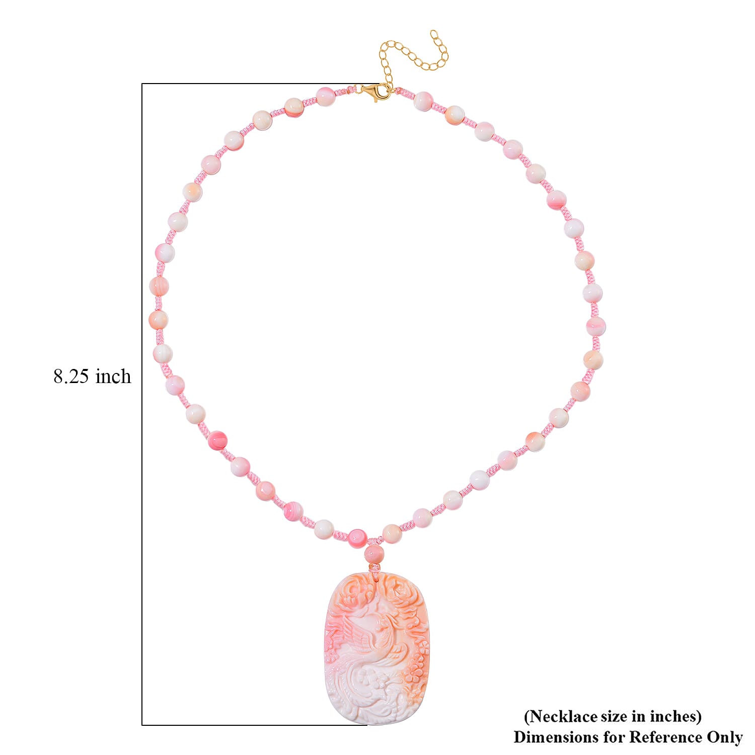 Pink Conch Shell 185.00 ctw Carved Phoenix Pendant with Beaded Knotted Necklace in Yellow Gold Over Sterling Silver 18-20 Inches