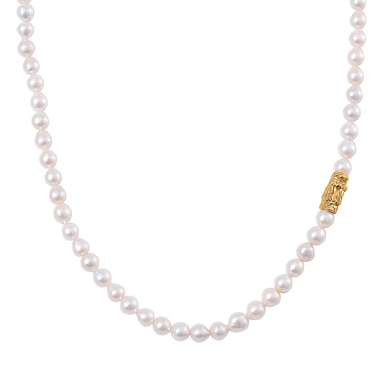 White Anhui Pearl Necklace with Dragon Charm in 14K Yellow Gold Over Sterling Silver 20 Inches