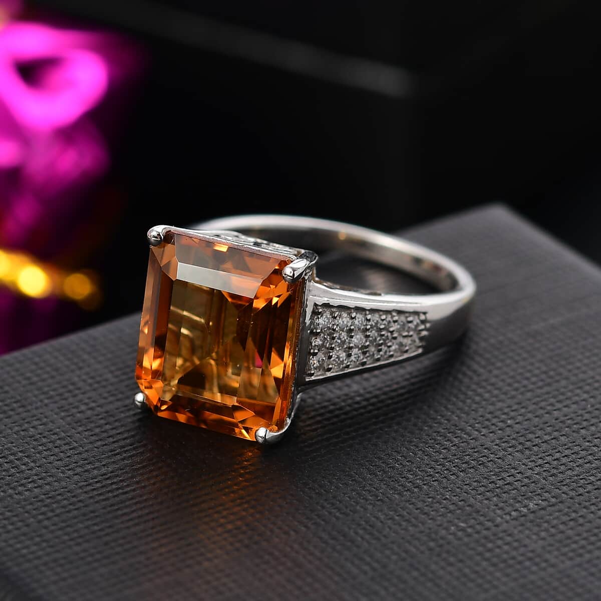 Premium Santa Ana Madeira Citrine, Moissanite Ring in Rhodium Over Sterling Silver (Size 10.0) 7.30 ctw image number 1