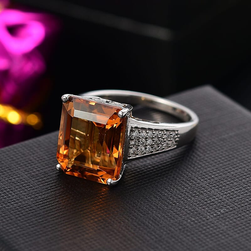 Premium Santa Ana Madeira Citrine and Moissanite 7.30 ctw Bridge Ring in Rhodium Over Sterling Silver (Size 10.0)