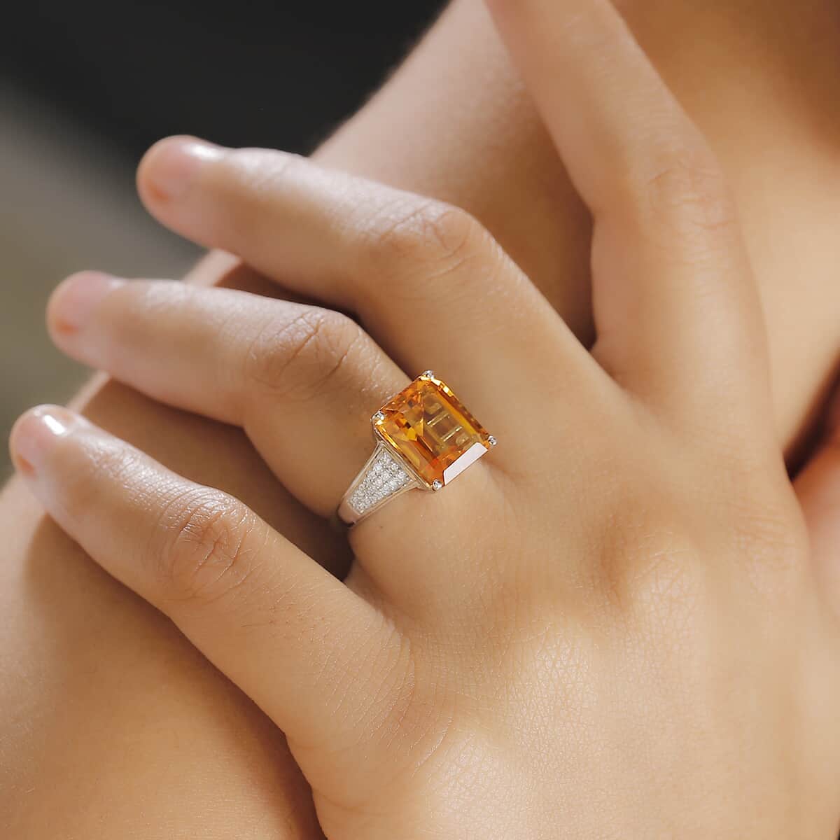 Premium Santa Ana Madeira Citrine, Moissanite Ring in Rhodium Over Sterling Silver (Size 10.0) 7.30 ctw image number 2