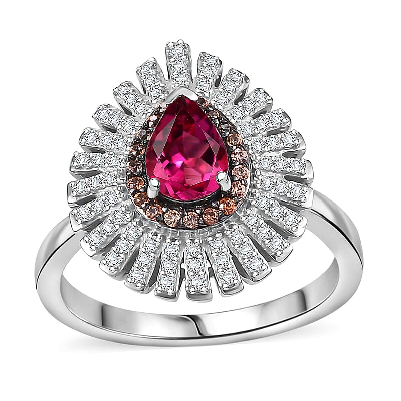 Luxuriant Premium Bixbite (LG), Brown and White Zircon 1.30 ctw Sunrays Ring in Rhodium Over Sterling Silver (Size 10.0)