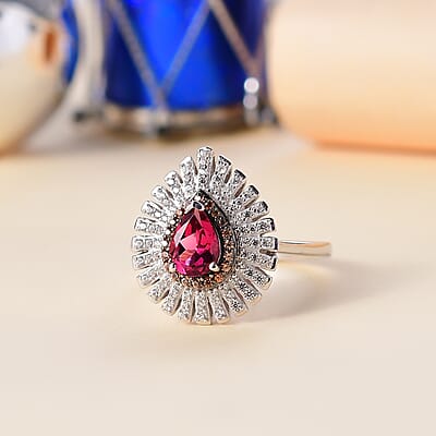 Luxuriant Premium Bixbite (LG), Brown and White Zircon 1.30 ctw Sunrays Ring in Rhodium Over Sterling Silver (Size 10.0)