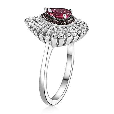 Luxuriant Premium Bixbite (LG), Brown and White Zircon 1.30 ctw Sunrays Ring in Rhodium Over Sterling Silver (Size 10.0)