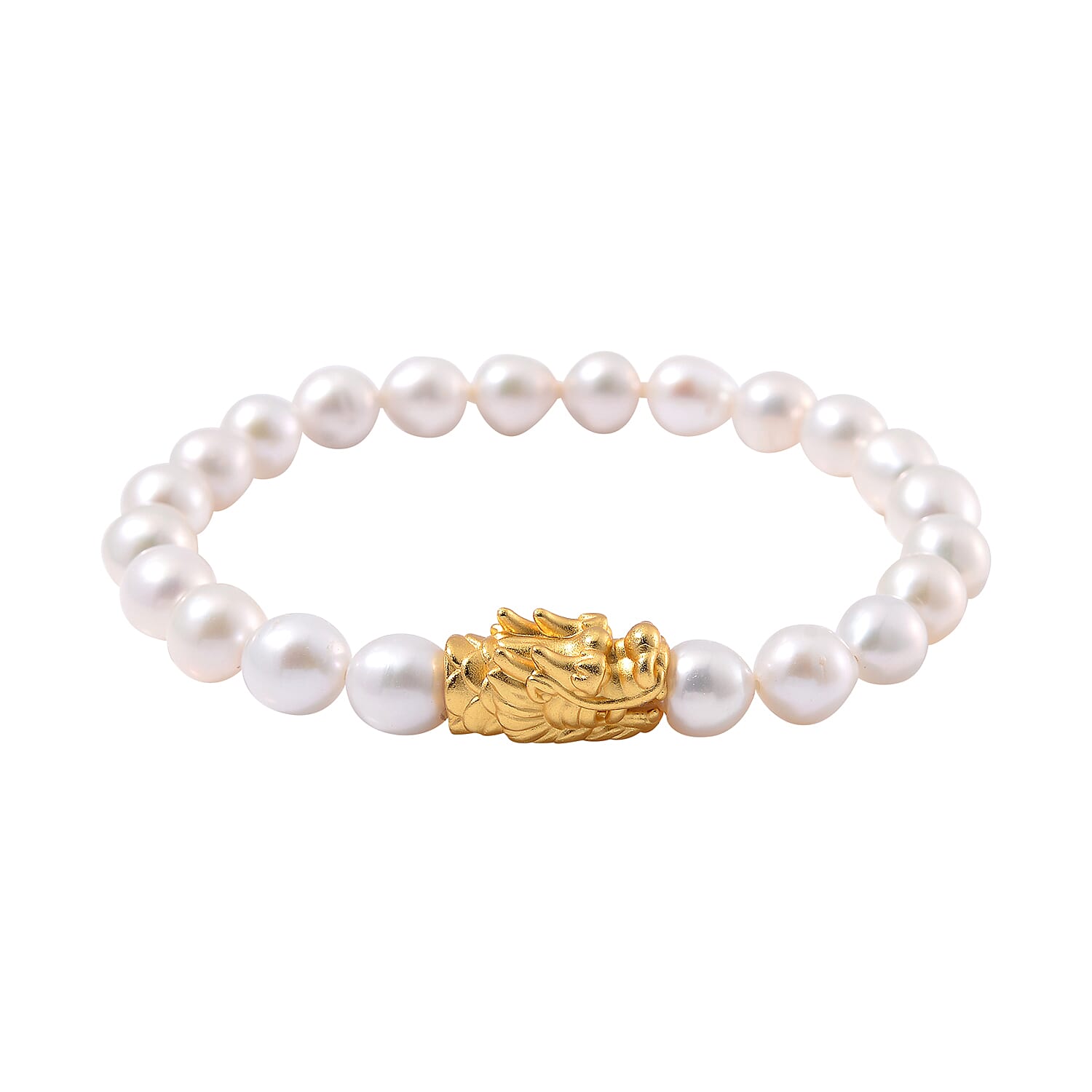White Anhui Pearl Stretch Bracelet with Dragon Charm in 14K Yellow Gold Over Sterling Silver (6.5-7.0In)
