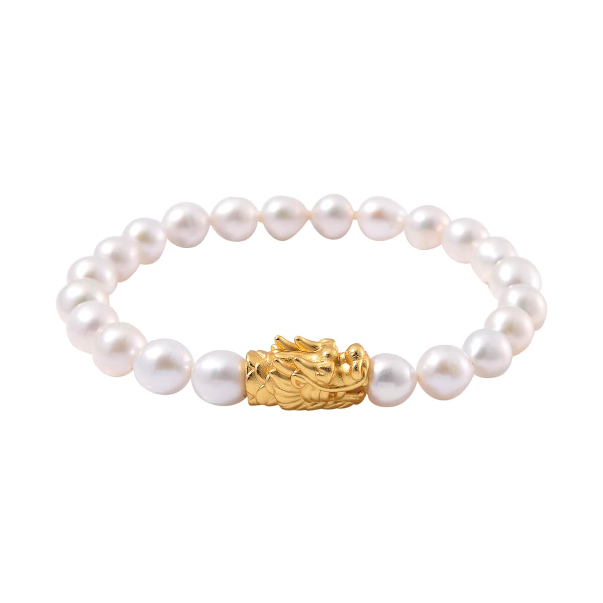 Doorbuster White Anhui Pearl Stretch Bracelet with Dragon Charm in 14K Yellow Gold Over Sterling Silver (6.5-7.0In) image number 0