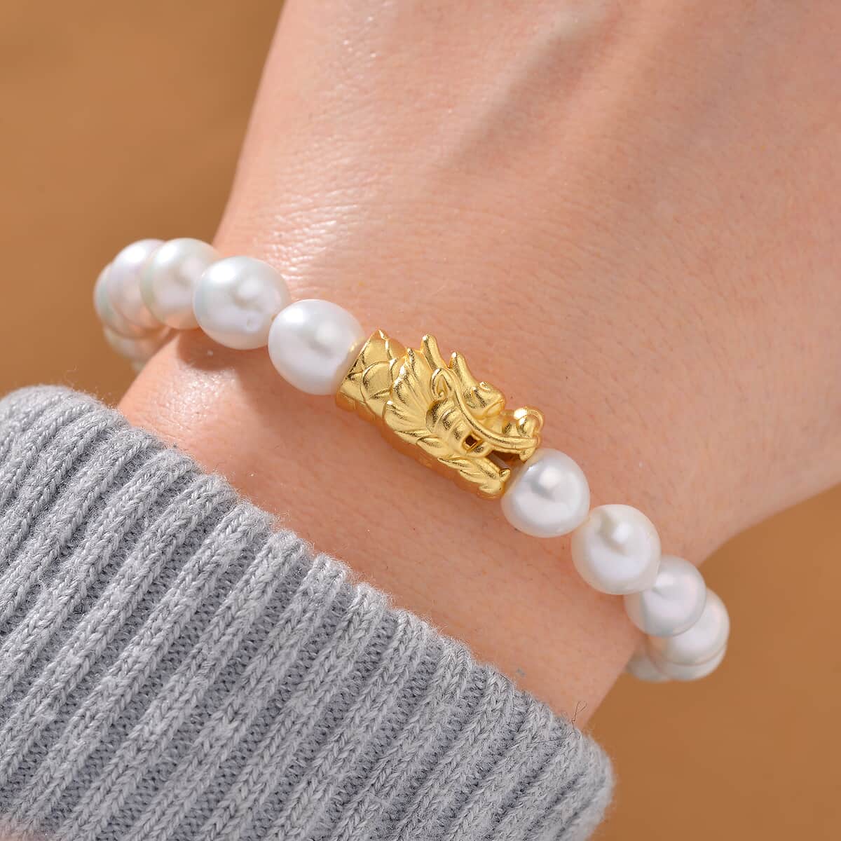 Doorbuster White Anhui Pearl Stretch Bracelet with Dragon Charm in 14K Yellow Gold Over Sterling Silver (6.5-7.0In) image number 1