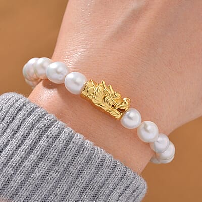 White Anhui Pearl Stretch Bracelet with Dragon Charm in 14K Yellow Gold Over Sterling Silver (6.5-7.0In)