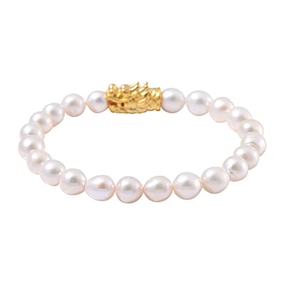 White Anhui Pearl Stretch Bracelet with Dragon Charm in 14K Yellow Gold Over Sterling Silver (6.5-7.0In)