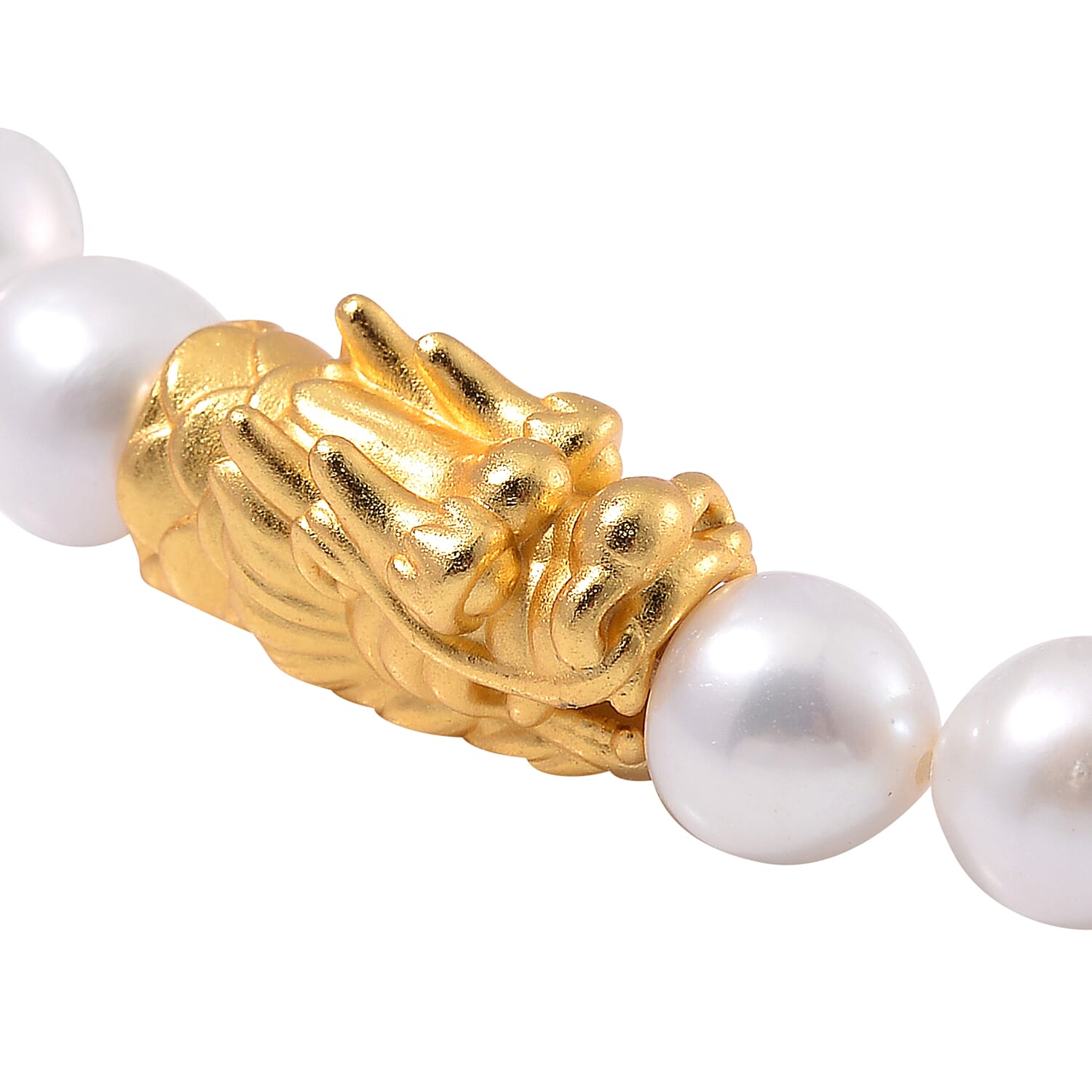 White Anhui Pearl Stretch Bracelet with Dragon Charm in 14K Yellow Gold Over Sterling Silver (6.5-7.0In)