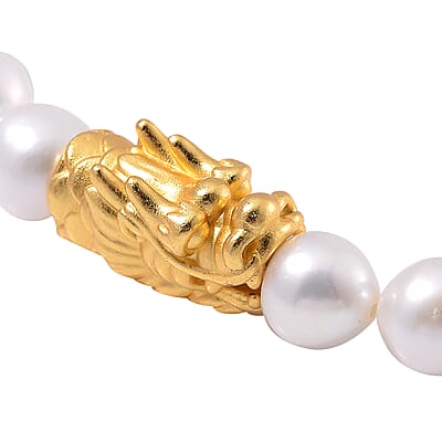 White Anhui Pearl Stretch Bracelet with Dragon Charm in 14K Yellow Gold Over Sterling Silver (6.5-7.0In)