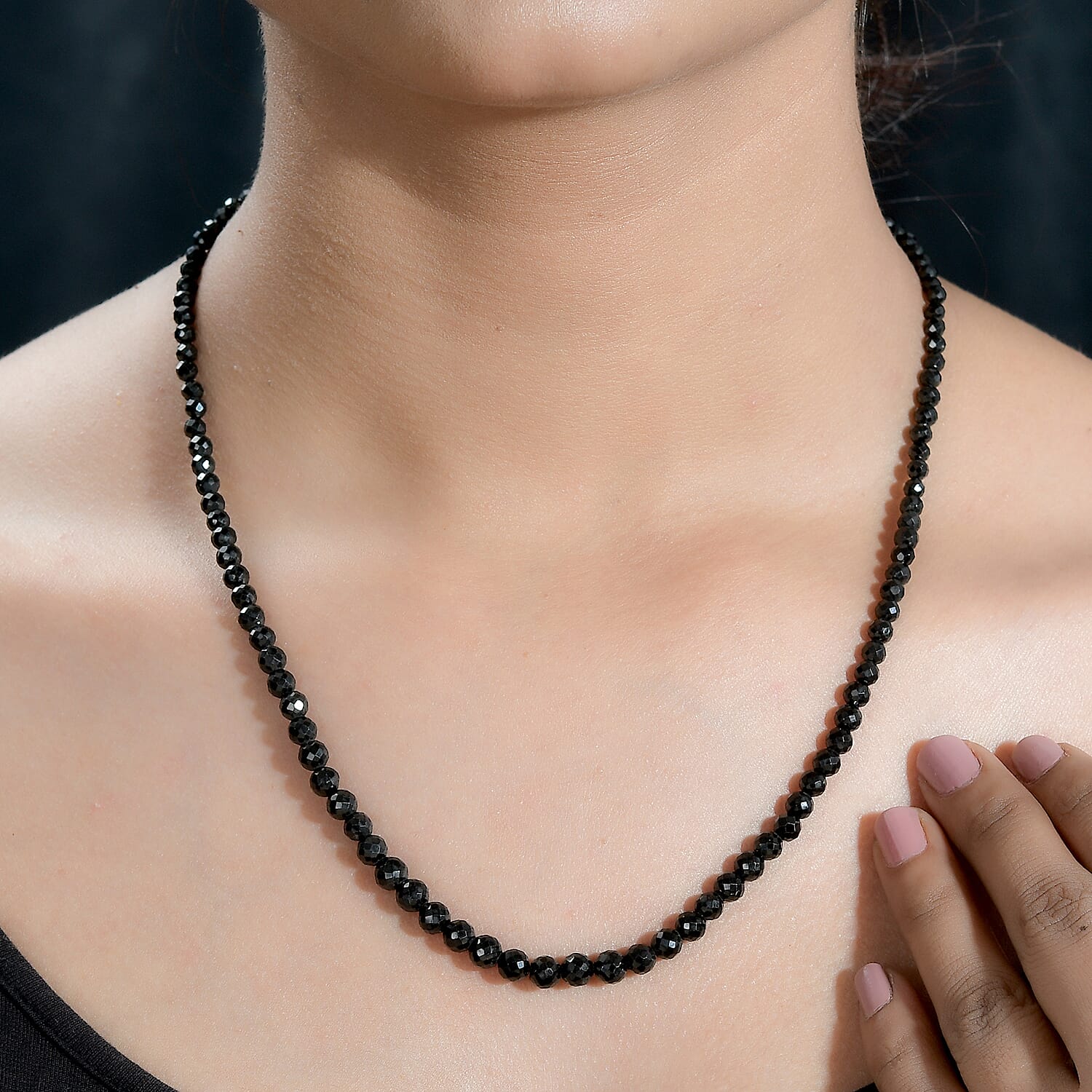 Thai Black Spinel Beaded 100 ctw Necklace 20 Inches in Stainless Steel