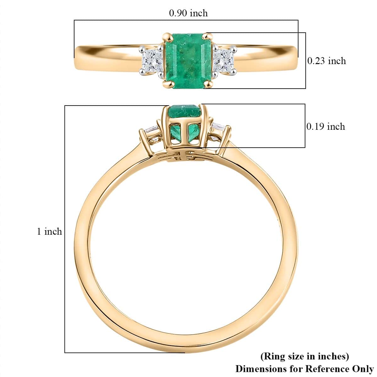 Luxoro Premium Boyaca Colombian Emerald and G-H I2 Diamond 0.60 ctw 3 Stone Ring in 10K Yellow Gold (Size 9.0) image number 5