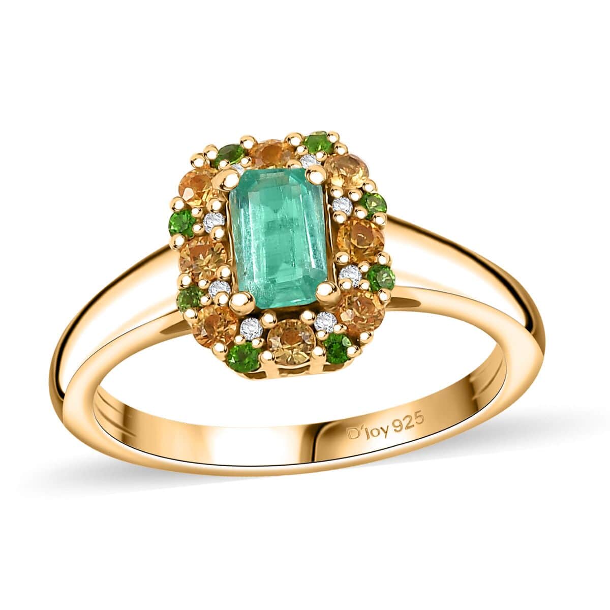 AAA Boyaca Colombian Emerald and Multi Gemstone 0.90 ctw Halo Ring in 18K Vermeil Yellow Gold Over Sterling Silver (Size 6.0) image number 0