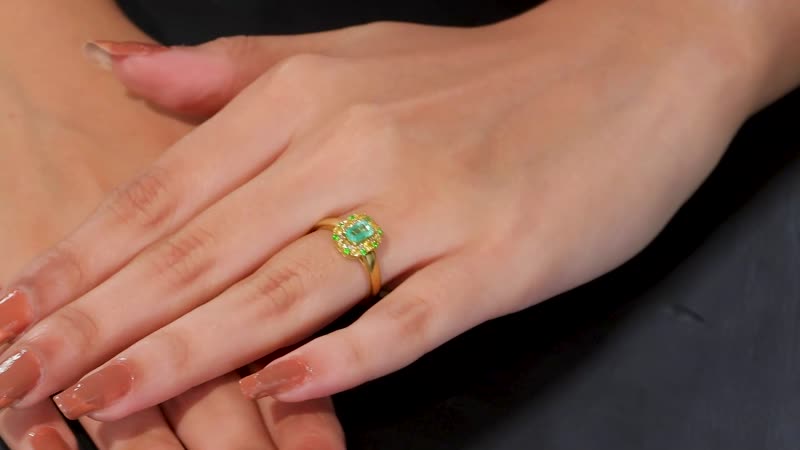 AAA Boyaca Colombian Emerald, Multi Gemstone Halo Ring in 18K Vermeil YG Over Sterling Silver (Size 6.0) 0.90 ctw