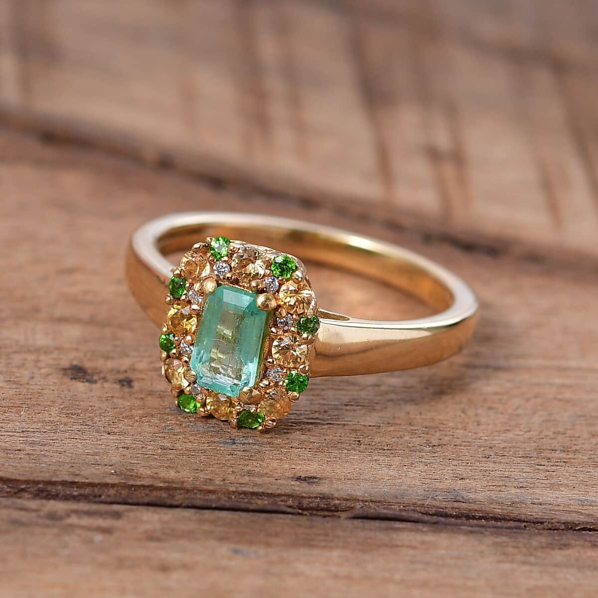 AAA Boyaca Colombian Emerald and Multi Gemstone 0.90 ctw Halo Ring in 18K Vermeil Yellow Gold Over Sterling Silver (Size 6.0) image number 1