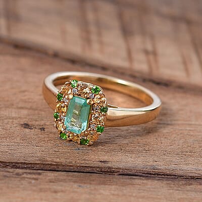 D'Joy AAA Boyaca Colombian Emerald and Multi Gemstone 0.90 ctw Halo Ring in 18K Vermeil Yellow Gold Over Sterling Silver (Size 6.0)