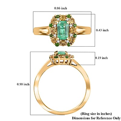 D'Joy AAA Boyaca Colombian Emerald and Multi Gemstone 0.90 ctw Halo Ring in 18K Vermeil Yellow Gold Over Sterling Silver (Size 6.0)
