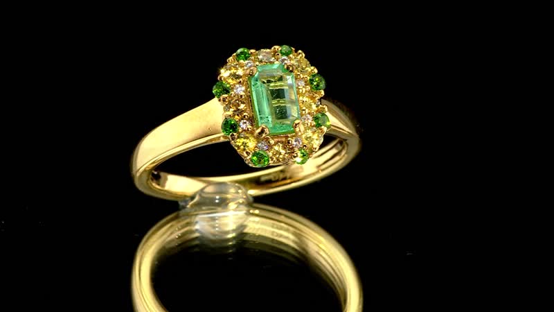 AAA Boyaca Colombian Emerald, Multi Gemstone Halo Ring in 18K Vermeil YG Over Sterling Silver (Size 6.0) 0.90 ctw