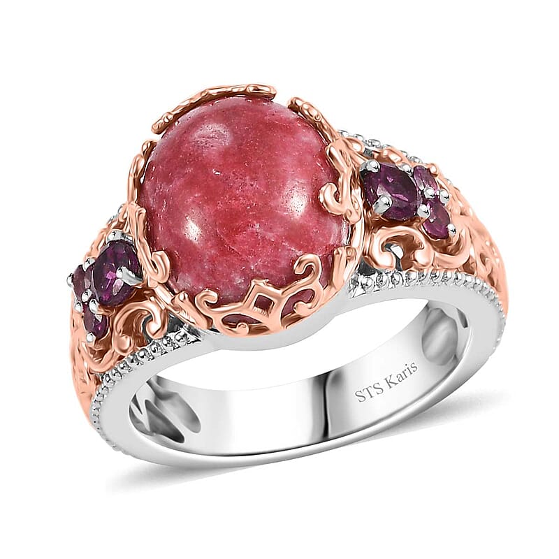 Karis Norwegian Thulite and Orissa Rhodolite Garnet 6.65 ctw Victorian Blossom Ring 18K RG Plated and Platinum Bond (Size 10.0)