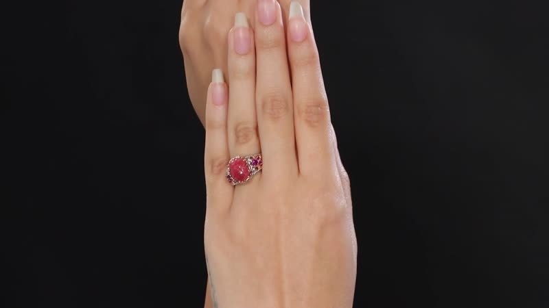 Karis Norwegian Thulite and Orissa Rhodolite Garnet 6.65 ctw Victorian Blossom Ring 18K RG Plated and Platinum Bond