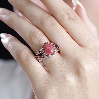 Karis Norwegian Thulite and Orissa Rhodolite Garnet 6.65 ctw Victorian Blossom Ring 18K RG Plated and Platinum Bond (Size 10.0)