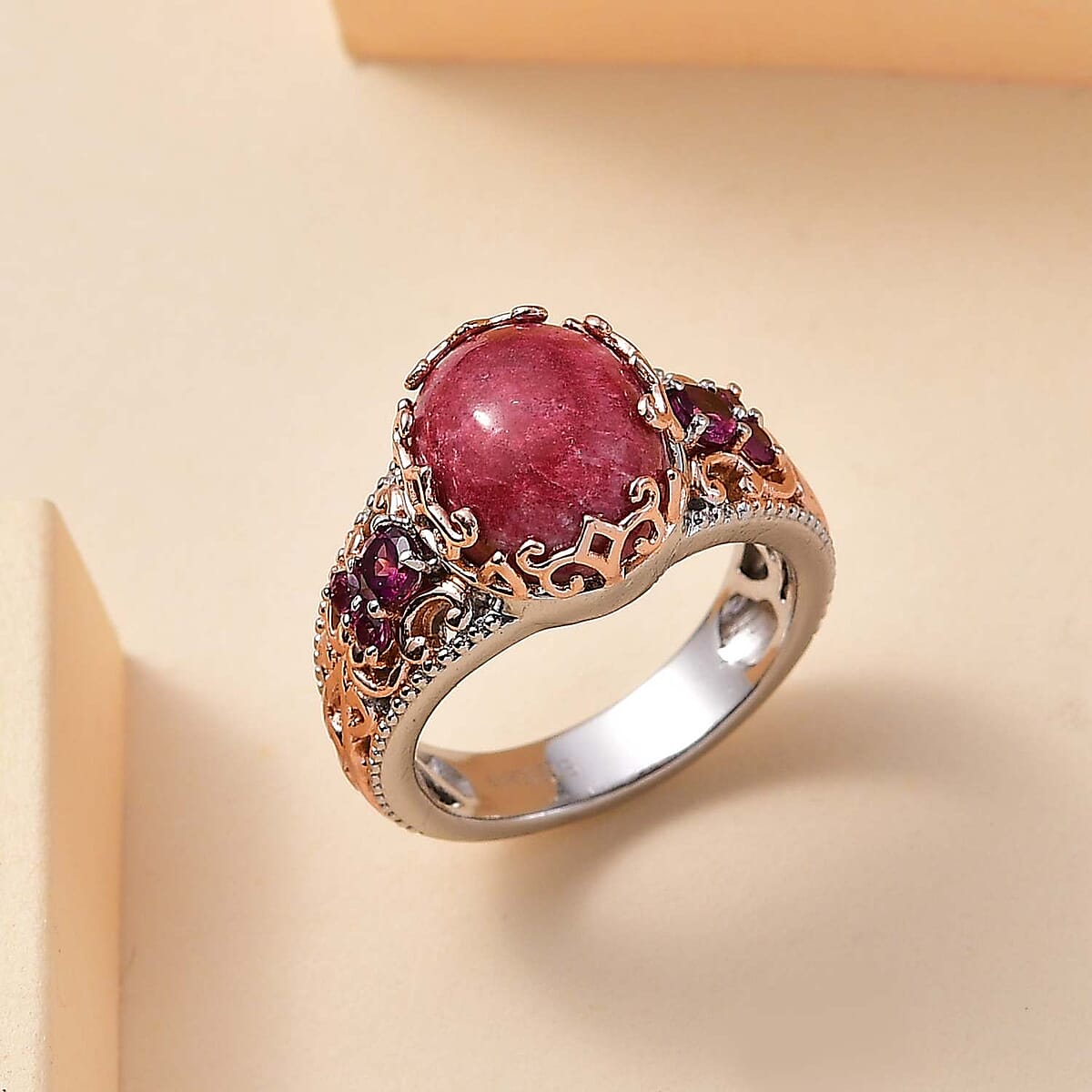 Karis Norwegian Thulite and Orissa Rhodolite Garnet 6.65 ctw Victorian Blossom Ring 18K RG Plated and Platinum Bond (Size 5.0) (Del. in 10-12 Days) image number 1