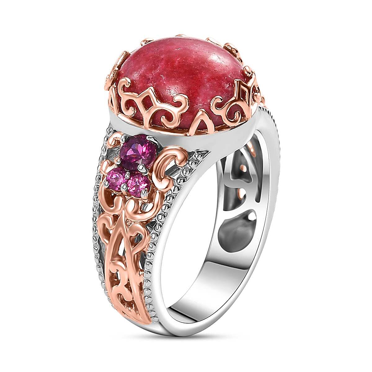Karis Norwegian Thulite and Orissa Rhodolite Garnet 6.65 ctw Victorian Blossom Ring 18K RG Plated and Platinum Bond (Size 5.0) (Del. in 10-12 Days) image number 3