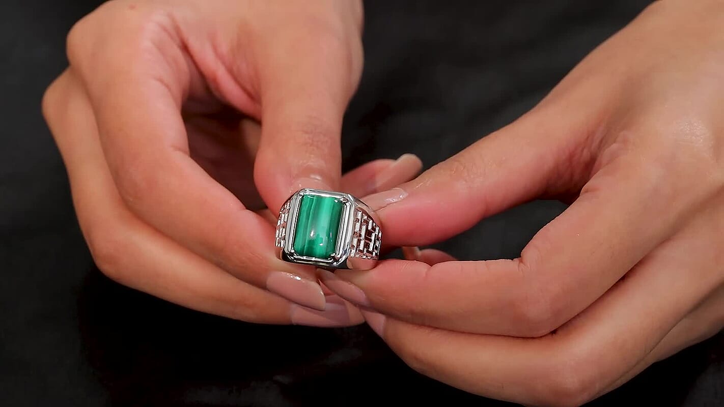 Karis African Malachite Men's Ring in Platinum Bond (Size 10.0) 9.15 ctw