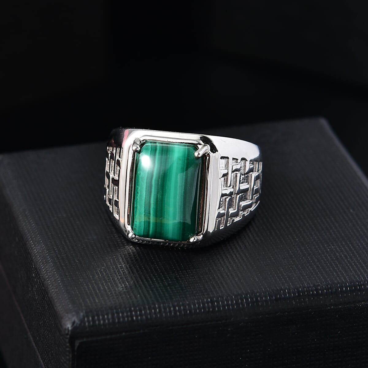 Karis African Malachite 9.15 ctw Men's Ring in Platinum Bond (Size 12.0) image number 1