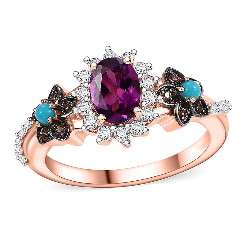 D'Joy AAA Radiant Ember Garnet and Multi Gemstone 1.60 ctw Floral Ring in 18K Vermeil Rose Gold Over Sterling Silver (Size 10.0)