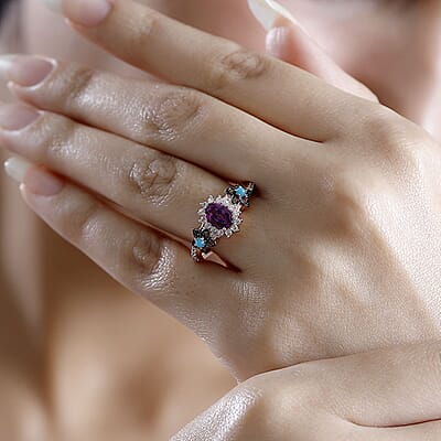 D'Joy AAA Radiant Ember Garnet and Multi Gemstone 1.60 ctw Floral Ring in 18K Vermeil Rose Gold Over Sterling Silver (Size 10.0)