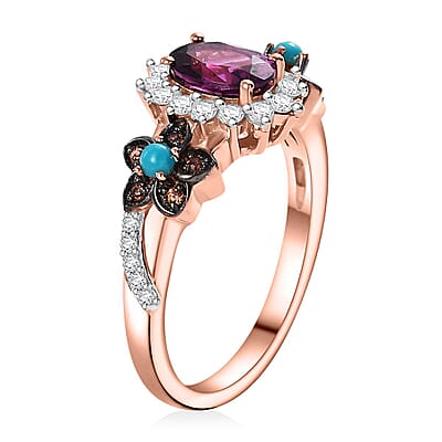 D'Joy AAA Radiant Ember Garnet and Multi Gemstone 1.60 ctw Floral Ring in 18K Vermeil Rose Gold Over Sterling Silver (Size 10.0)