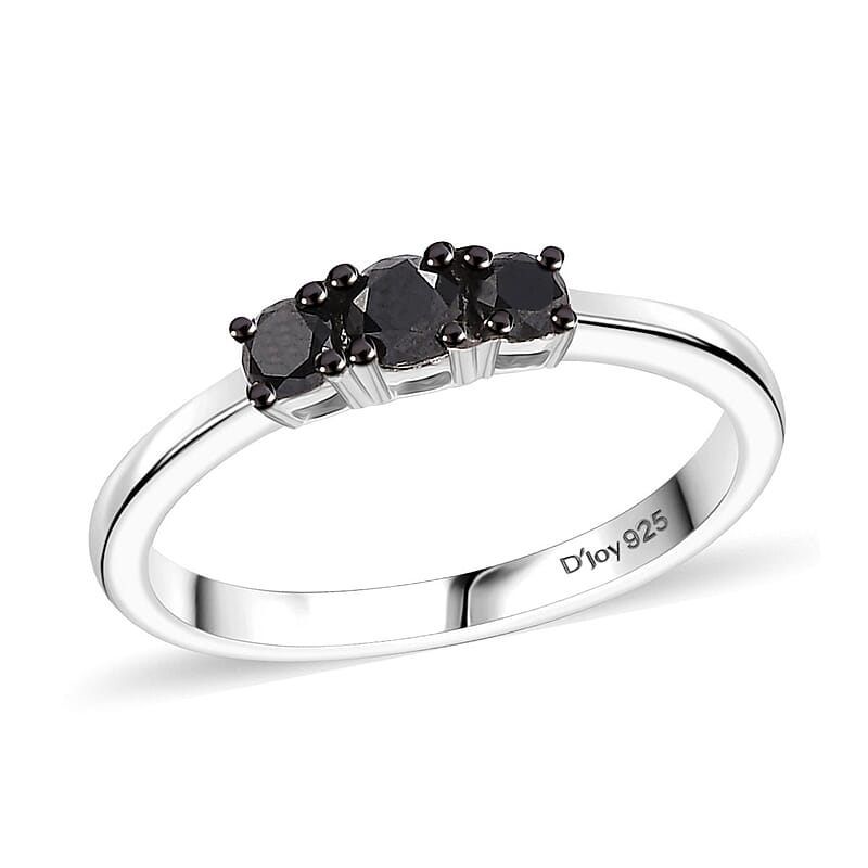 D'Joy Black Diamond 0.35 ctw 3 Stone Ring in Rhodium Over Sterling Silver (Size 10.0)