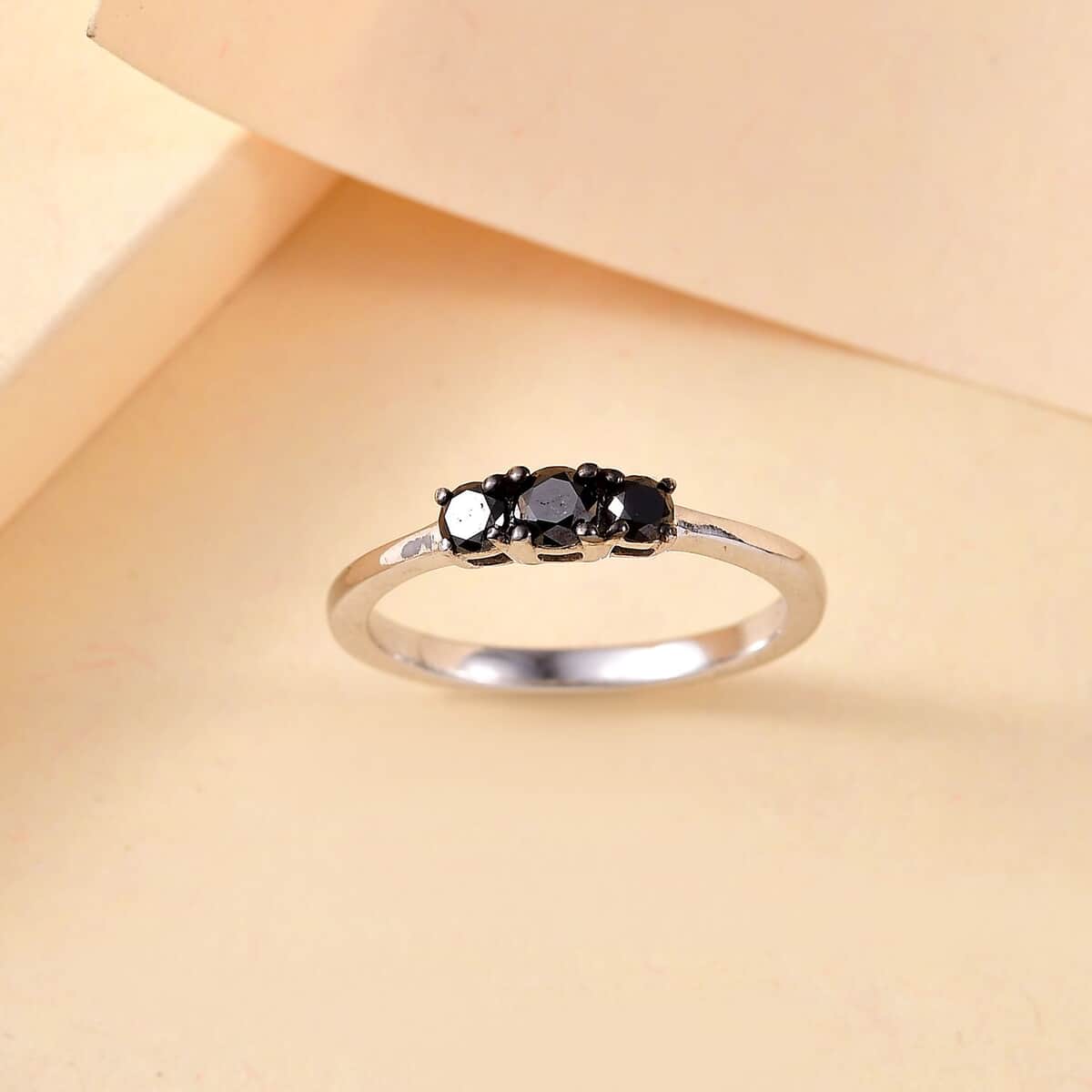 Black Diamond 0.35 ctw 3 Stone Ring in Rhodium Over Sterling Silver (Size 10.0) image number 1