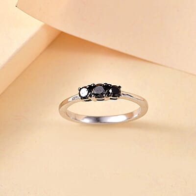 D'Joy Black Diamond 0.35 ctw 3 Stone Ring in Rhodium Over Sterling Silver (Size 10.0)