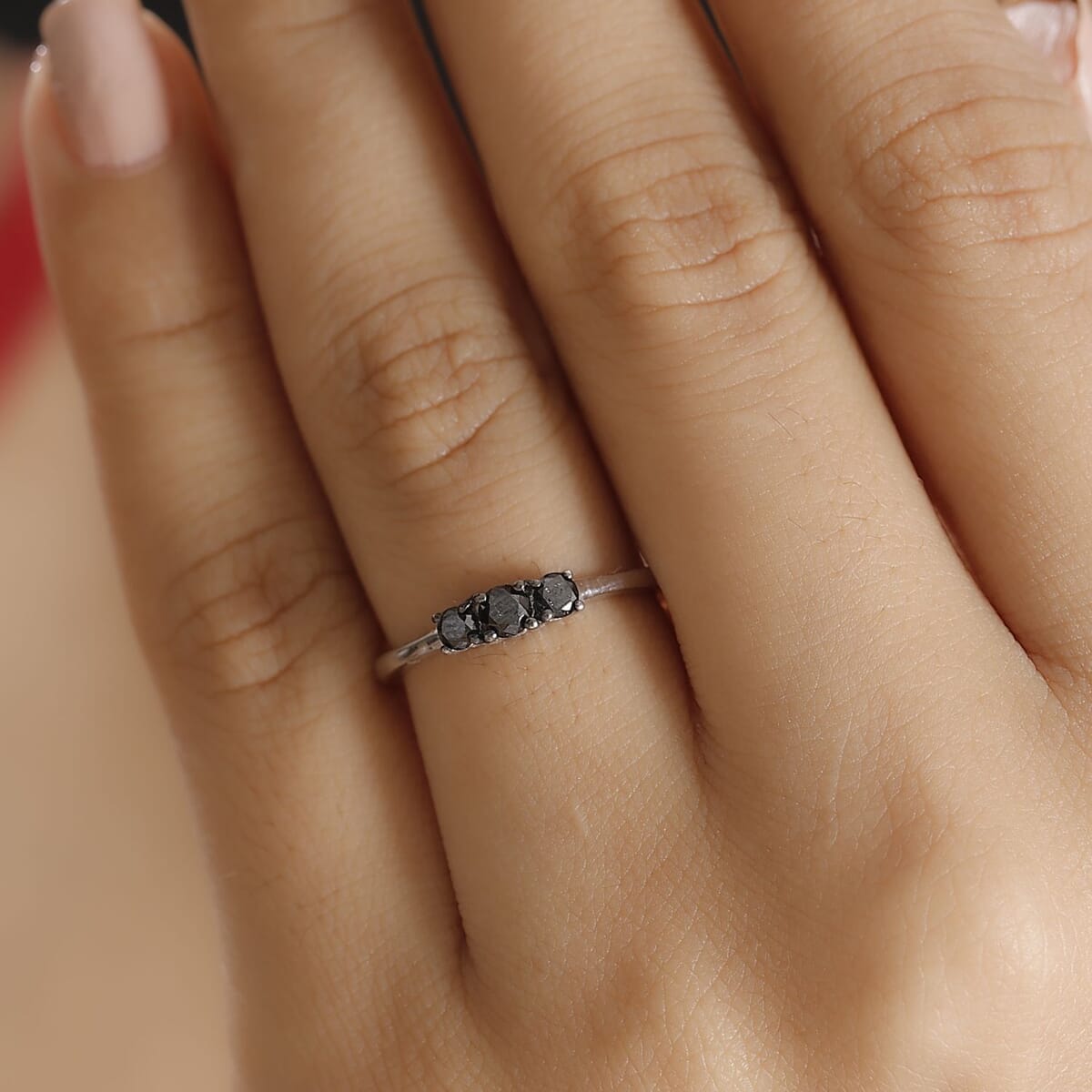 Black Diamond 0.35 ctw 3 Stone Ring in Rhodium Over Sterling Silver (Size 7.0) image number 2