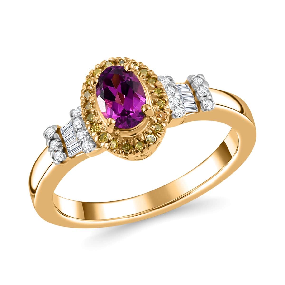 AAA Radiant Ember Garnet, Yellow and White Diamond 0.75 ctw Victorian Halo Ring in 18K Vermeil Yellow Gold Over Sterling Silver (Size 7.0) (Del. In 10-12 Days) image number 0