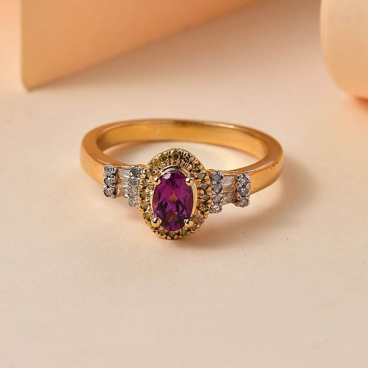 AAA Radiant Ember Garnet, Yellow and White Diamond 0.75 ctw Victorian Halo Ring in 18K Vermeil Yellow Gold Over Sterling Silver (Size 7.0) (Del. In 10-12 Days) image number 1