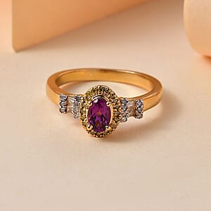 D'Joy AAA Radiant Ember Garnet, Yellow and White Diamond 0.75 ctw Victorian Halo Ring in 18K Vermeil Yellow Gold Over Sterling Silver (Size 7.0) (Del. In 10-12 Days)