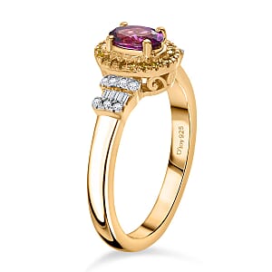 D'Joy AAA Radiant Ember Garnet, Yellow and White Diamond 0.75 ctw Victorian Halo Ring in 18K Vermeil Yellow Gold Over Sterling Silver (Size 7.0) (Del. In 10-12 Days)