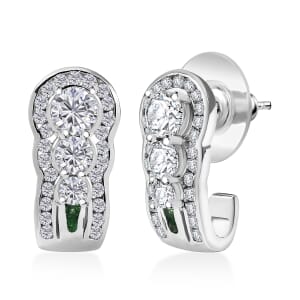 Moissanite and Tsavorite Garnet 2.75 ctw J-Hoop Earrings in Rhodium Over Sterling Silver