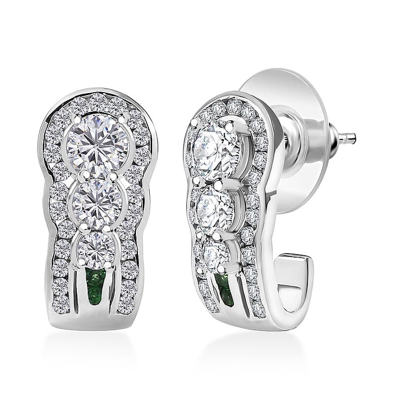 D'Joy Moissanite and Tsavorite Garnet 2.75 ctw J-Hoop Earrings in Rhodium Over Sterling Silver