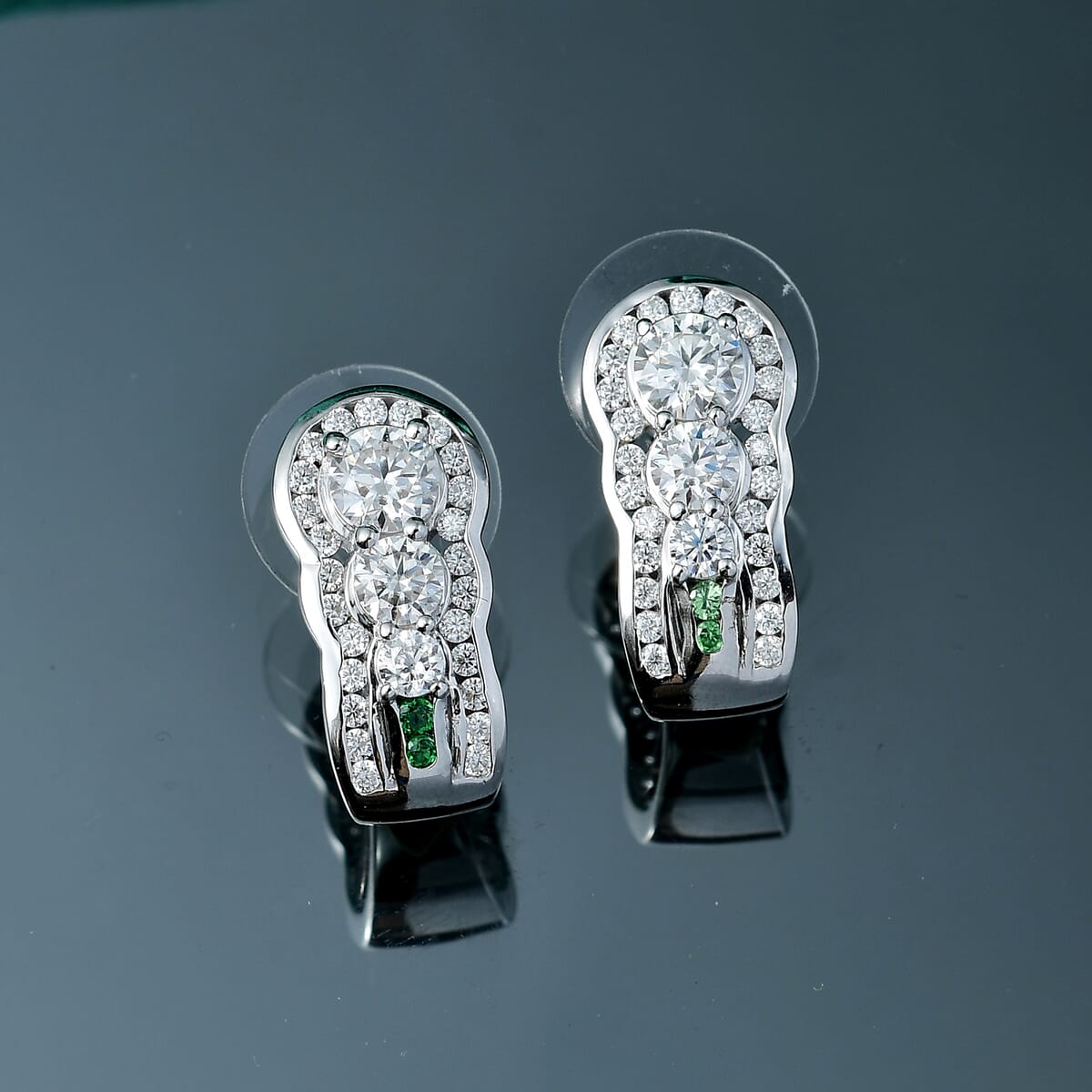 Moissanite and Tsavorite Garnet 2.75 ctw J-Hoop Earrings in Rhodium Over Sterling Silver image number 1