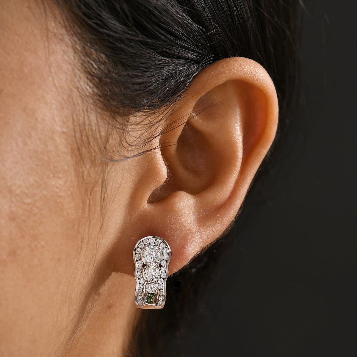Moissanite and Tsavorite Garnet 2.75 ctw J-Hoop Earrings in Rhodium Over Sterling Silver image number 2