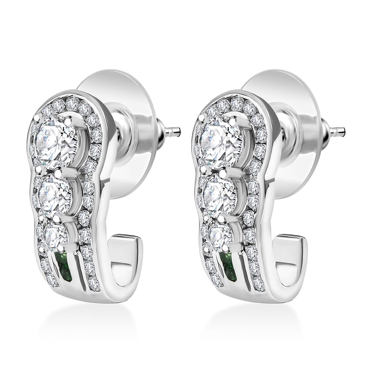 Moissanite and Tsavorite Garnet 2.75 ctw J-Hoop Earrings in Rhodium Over Sterling Silver image number 3